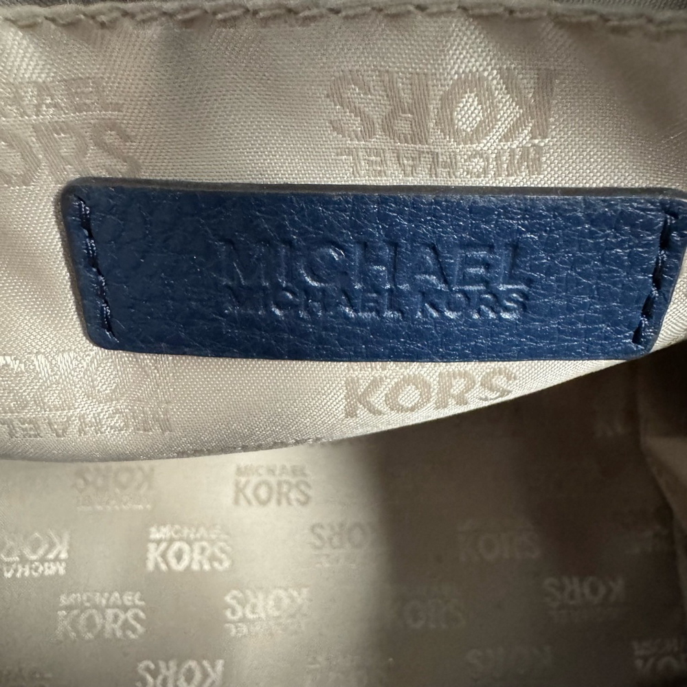 Women's Michael Kors Leather Large Hudson Satchel Tote Navy Blue Gold Logo - Picture 10 of 16